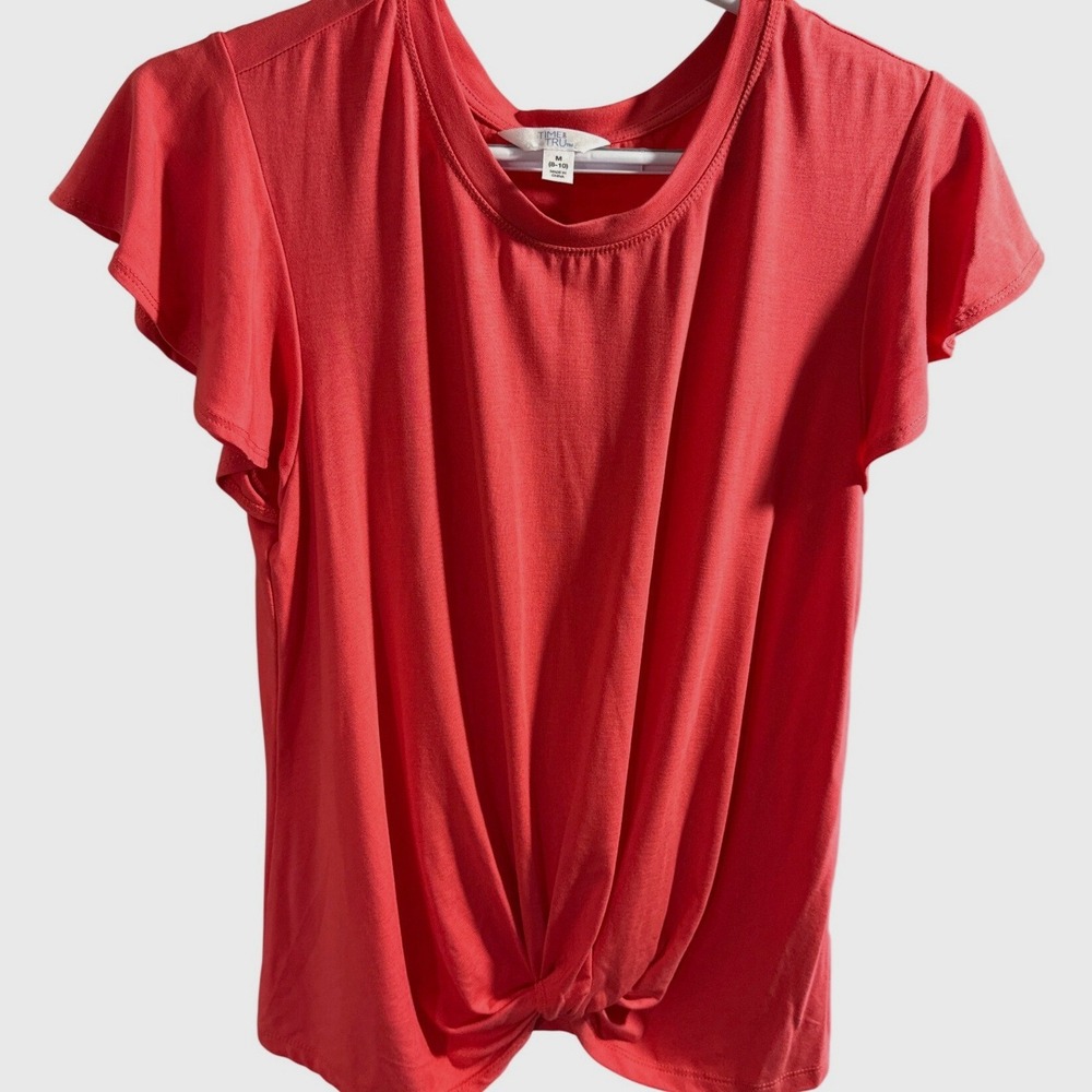 Time and Tru Womens Coral Pink Front Twist Knot Flutter Sleeve Top Size M 8-10